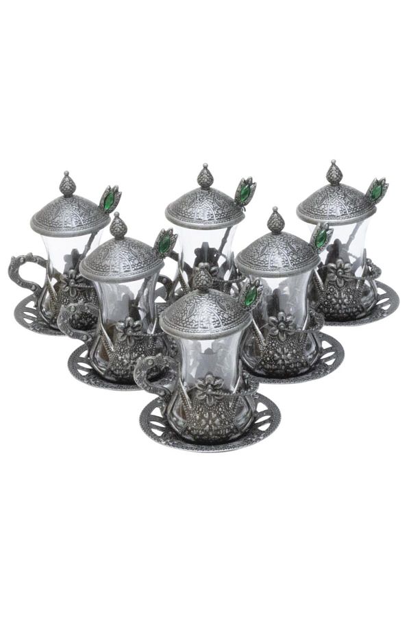 BAZAAR 4-Ottoman Motif Tea Presentation Set with Spoon - Pewter Crst764 1