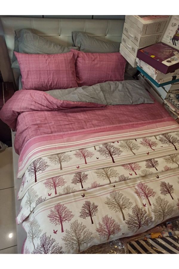 ŞENER HOME-Double Colored Single Pleat Duvet Cover Set with Elastic Sheet and Double-Sided Usable 1