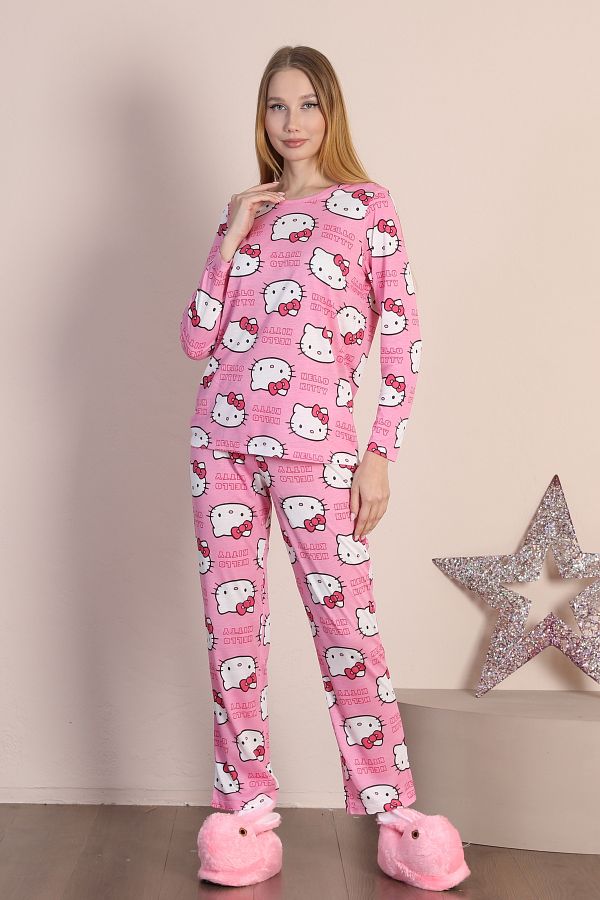 Seamoda Plus Size Women s Comfortable Hello Kitty Patterned Pink Long Sleeve 100 Cotton Pajamas Trendyol