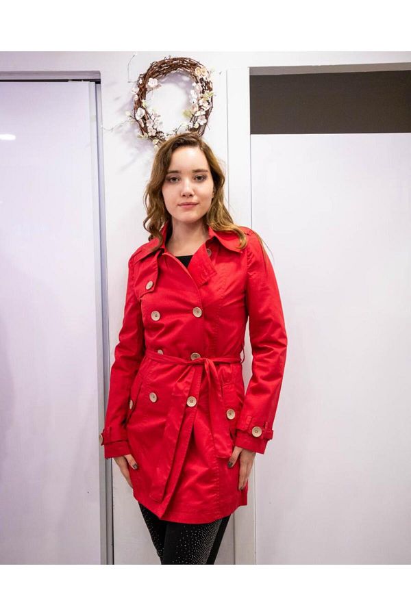 MARE BUTİK-Red Buttoned Front Waist and Stylish Top Coat Trench Jacket 1