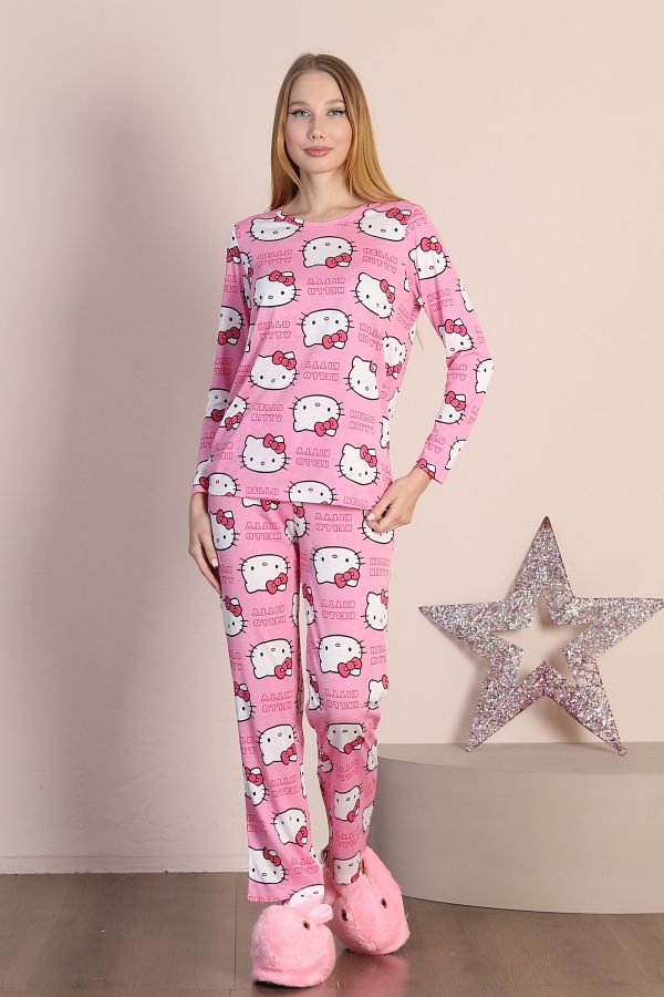 Seamoda Plus Size Women s Comfortable Hello Kitty Patterned Pink Long Sleeve 100 Cotton Pajamas Trendyol
