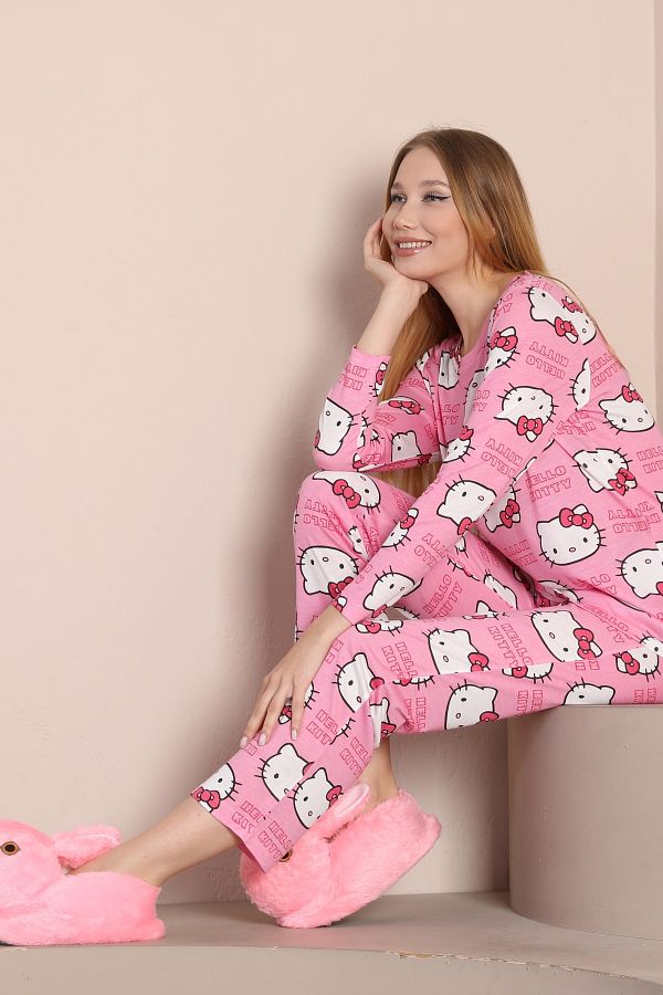 Seamoda Plus Size Women s Comfortable Hello Kitty Patterned Pink Long Sleeve 100 Cotton Pajamas Trendyol