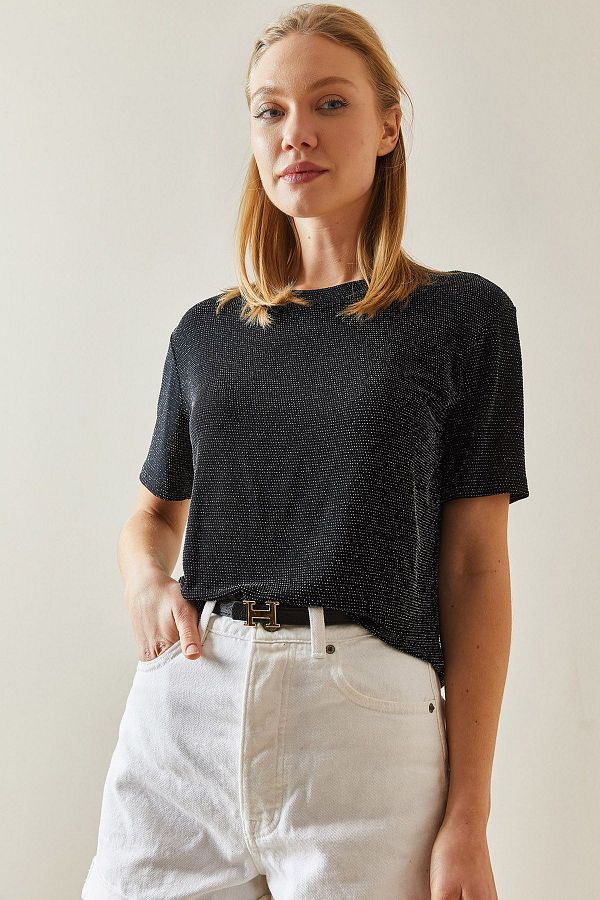 XHAN-Black Crew Neck Glitter T-Shirt 4KXK1-47901-02 1