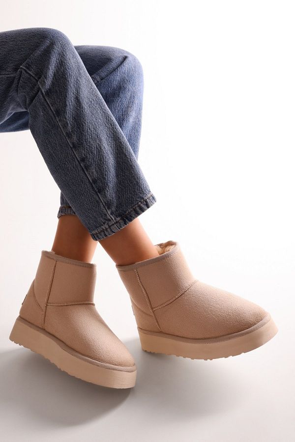 SOLMAZ-UGGY BEIGE SHORT SUEDE BOOTS WITH FEATHER INSIDE 1