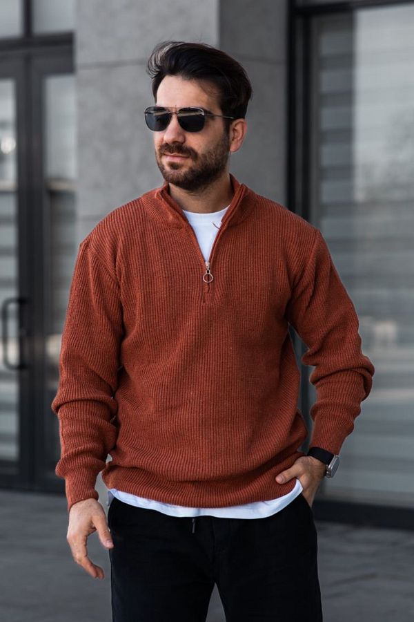 MADZEYMODA Men s Thessaloniki Knit Half Zip Brick Color Knitwear Sweater Trendyol