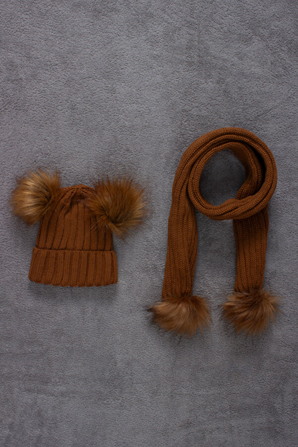 ADA BEBEK ÇOCUK Çift Ponponlu Atkı Bere Takımı