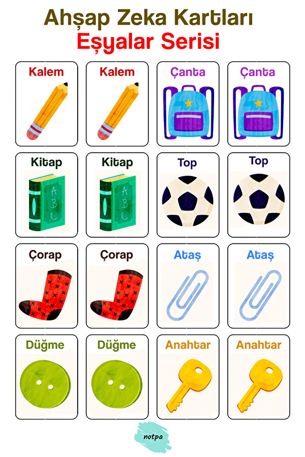 kutuTR Notpa 16 Parça Eşyalar Zeka Kartları Eşleştirme Oyunu Hafıza Kartı Ahşap Eğitici Puzzle Oyuncak