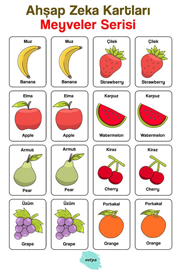 kutuTR Notpa 16 Parça Meyvalar Zeka Kartları Eşleştirme Oyunu Hafıza Kartı Ahşap Eğitici Puzzle Oyuncak