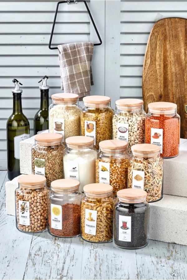 AK LATA CONCEPT 12 Piece 800 Ml Glass Spice Rack with Wooden Lid Pulses Set Labeled Storage Container Jar Trendyol