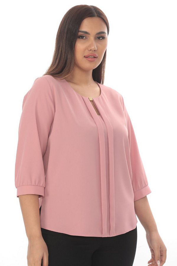 Selent Women s High Collar Gold Detailed Front Pleated Three Quarter Sleeve Plus Size Blouse Trendyol