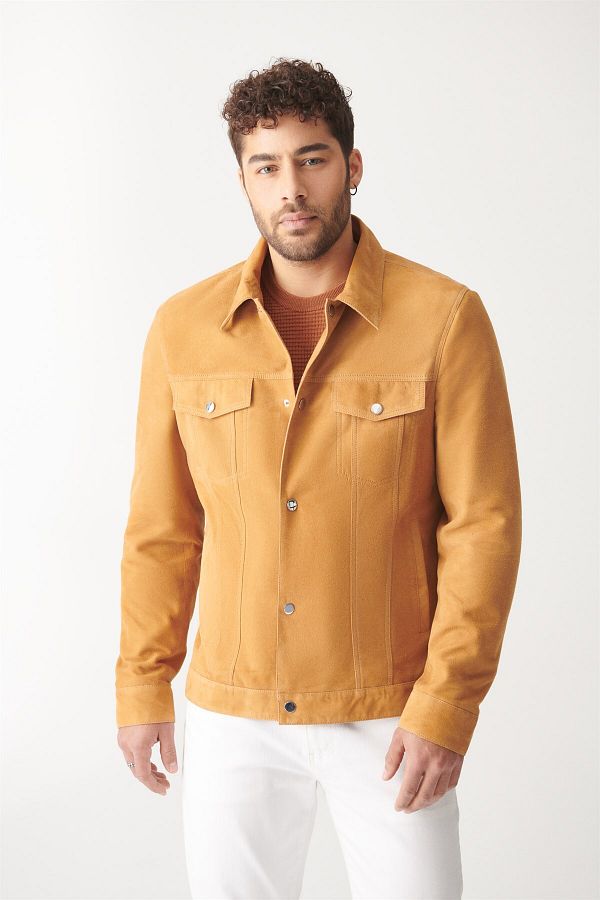 Black Noble Boris Mustard Suede Leather Jacket Trendyol