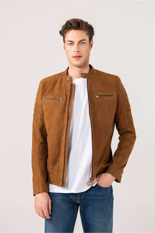 Suede biker jacket tan online