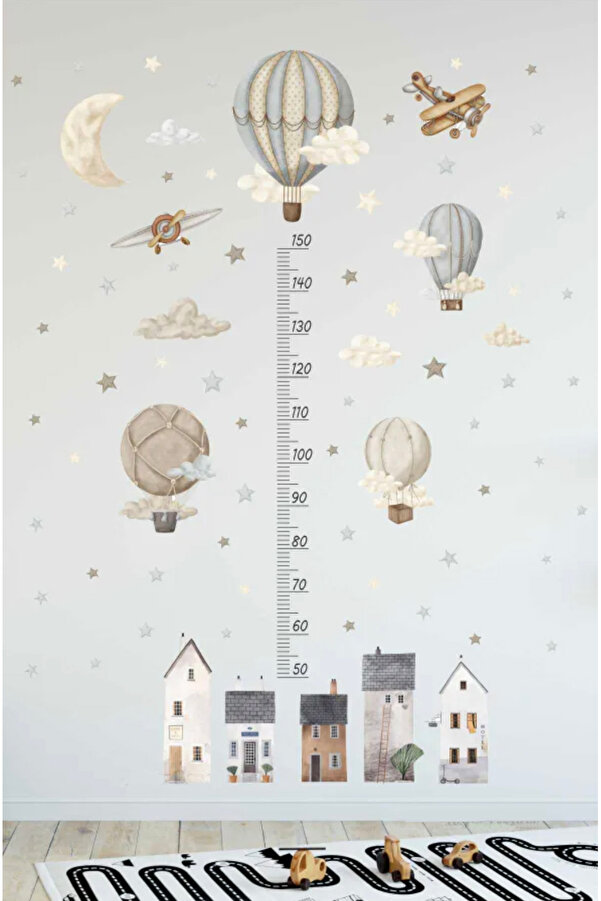 Sim Tasarım Retro Balonlar Ve Evler Boy Cetveli Boy Ölçer Çocuk Odası Duvar Sticker Seti