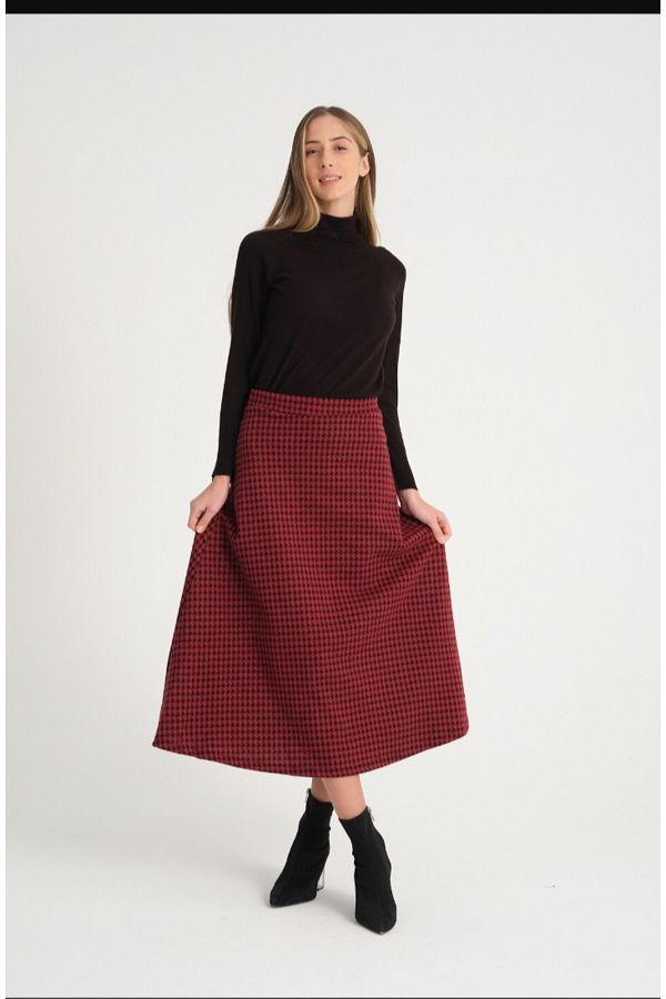 MODA CAN ZEHRA Long Burgundy Houndstooth Skirt Trendyol