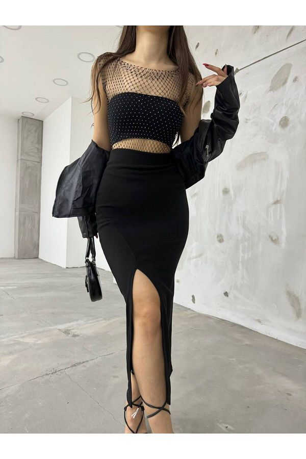 BİKELİFE-Schwarzer Bleistiftrock aus Lycra mit hoher Taille und Schlitz auf der Vorderseite für Damen 1