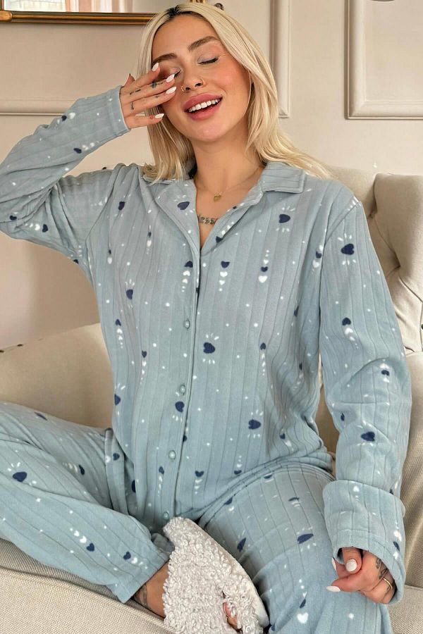 Pijamaevi-Green Heart Patterned Front Buttoned Plush Fleece Pajama Set 1
