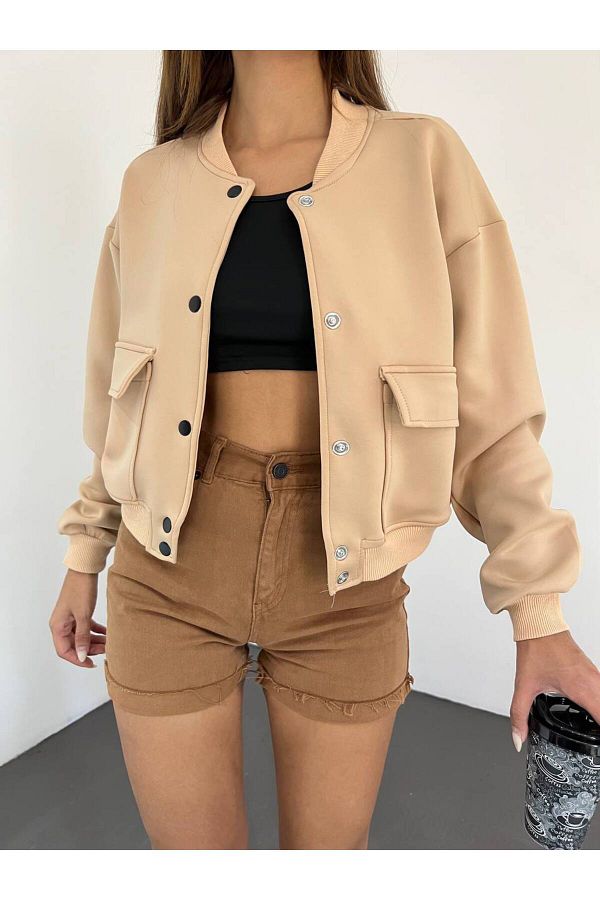 Adom Women s Big Pocket Front Snap Button Bomber Jacket Trendyol