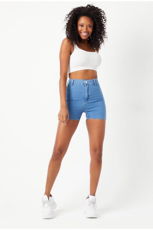HESAPL KAFA Blue High Waist Women s Mini Jean Denim Shorts Trendyol