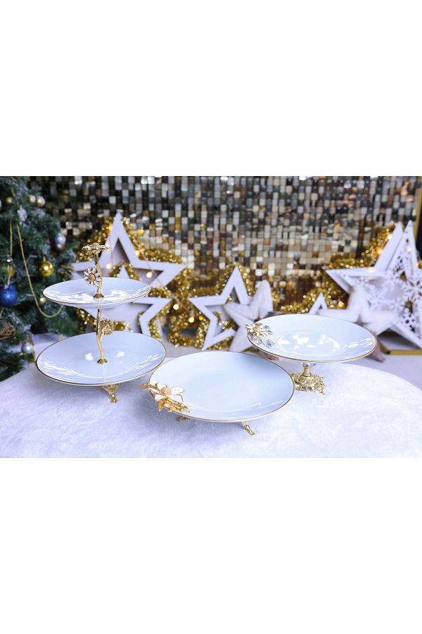 Elta Collection-3 Piece Metal Leg Porcelain Cake Presentation Cookie Holder Sugar Bowl Set 1