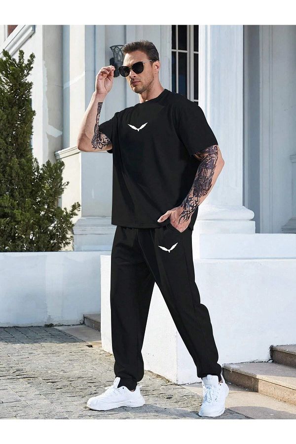 aynewmoda Wings Baby Blue T shirt Black Tracksuit Bottom Jogger Print Bottom Top Sweatpants Suit Oversize Crew Neck Trendyol