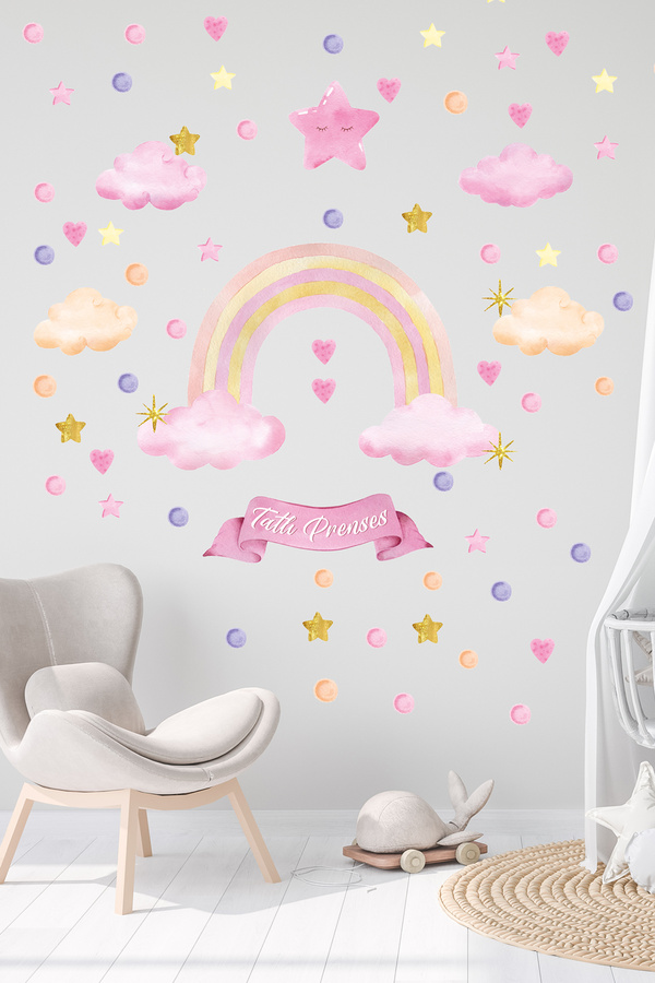 Sim Tasarım - Pembe Gökkuşağı Tatlı Prenses Yıldızlar Kalpler Çocuk Odası Duvar Sticker Seti
