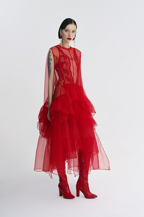 M N Red Transparent Tulle Layered Flounce Dress Trendyol