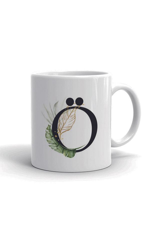 WuW-Machine Washable Ceramic Mug with Letter O Tropical Leaf Pattern 1