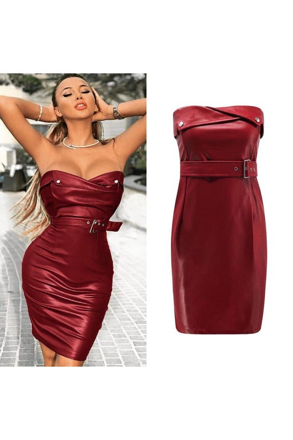 Dark red leather dress sales