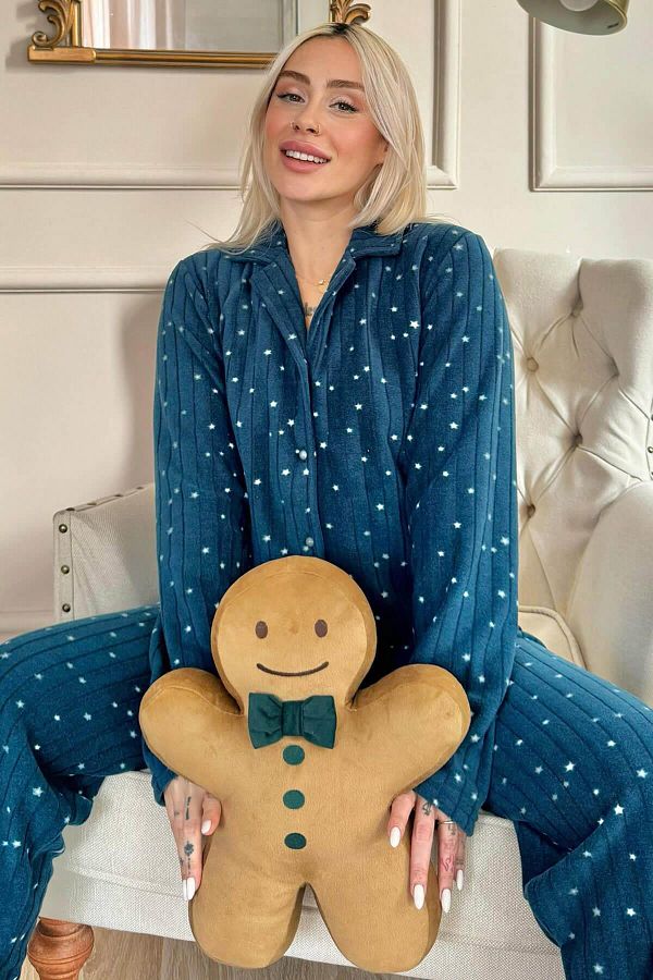 Pijamaevi-Petrol Lune Patterned Front Buttoned Plush Fleece Pajama Set 1