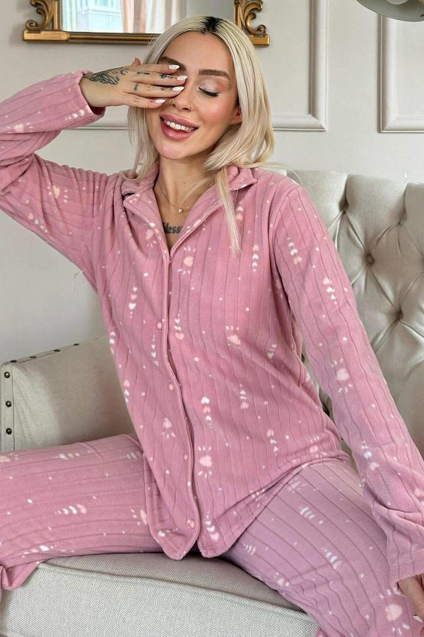 Pijamaevi-Powder Heart Patterned Front Buttoned Plush Fleece Pajama Set 1