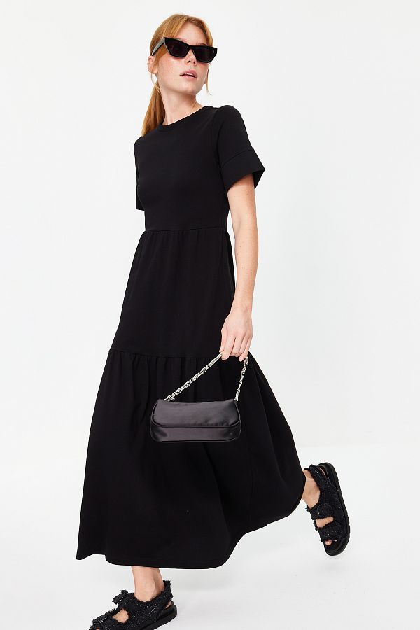 Trendyol Collection-Schwarzes gerafftes Kurzarm-Maxikleid aus Strick TWOSS24EL00132 1