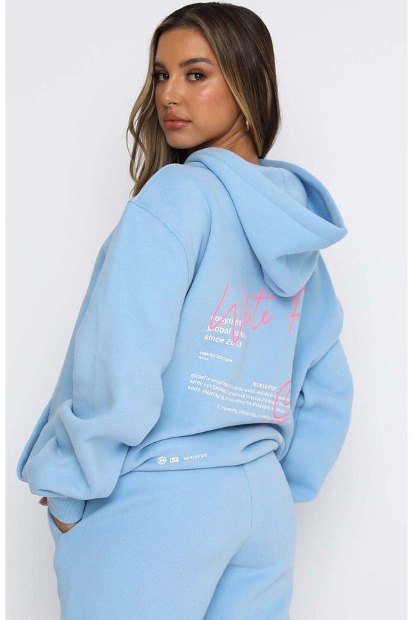 MARECASH Blue Pink Lettering White Fox Printed Offstage Hooded Hoodie Azure sweatshirt Trendyol