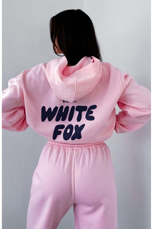 MARECASH Pink White Fox Printed Offstage Hooded Hoodie Azure sweatshirt Trendyol