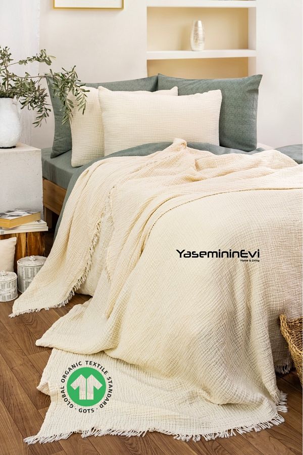 YASEM N NEV King Size Ivory Muslin Bedspread Pike Set with 2 Pillowcases Trendyol