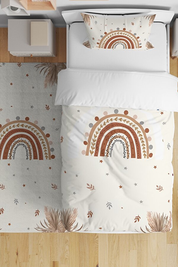 Evpanya Kenar Botanik Gökkuşağı Desenli Tek Kişilik Bebek Çocuk Nevresim Seti