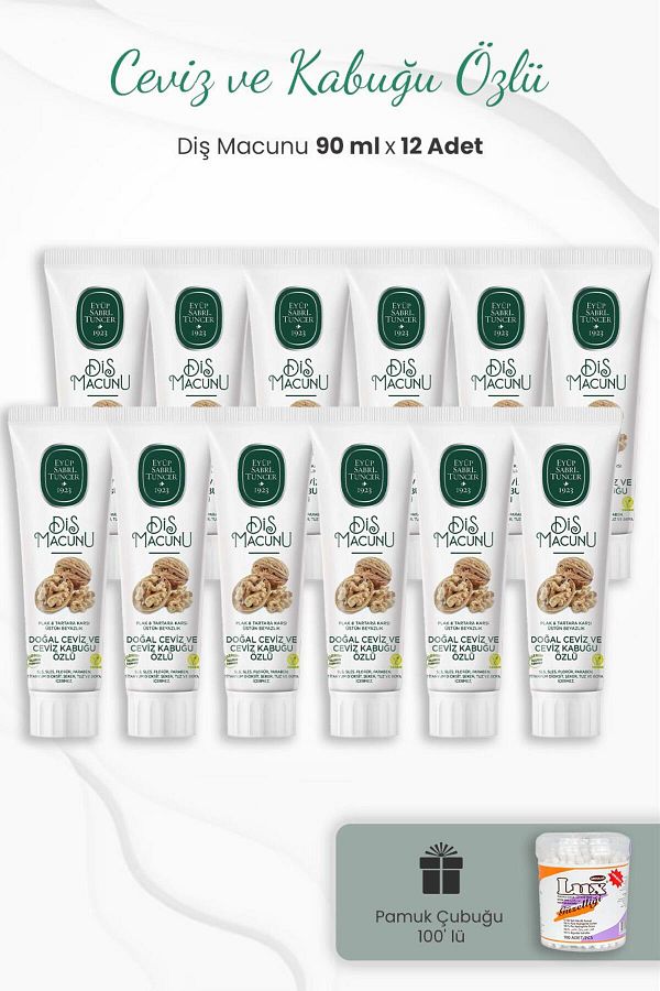 Eyüp Sabri Tuncer-12 Pack Walnut and Bark Extract Toothpaste 90 ml and Cotton Swab 1