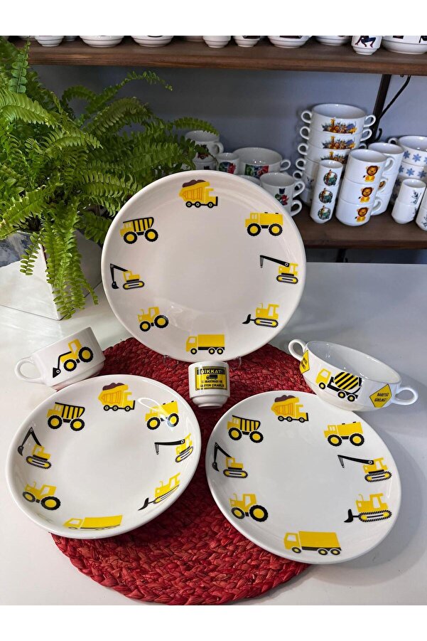 TEBAK COLLECTION İŞ MAKİNALERI KAMYON KEPÇE DESENLİ 6 parça ÇOCUK BEBEK YEMEK TAKIMI BESLENME SETİ