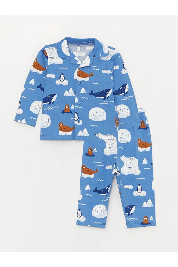LC Waikiki LCW Baby Baby Boy Polo Collar Printed Long Sleeve Pajamas Set Trendyol
