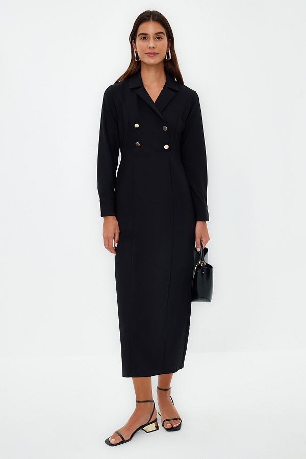 Trendyol Modest-Schwarzes, zweireihiges, gewebtes Kleid mit Kragen und Knöpfen TCTSS24EB00020 1