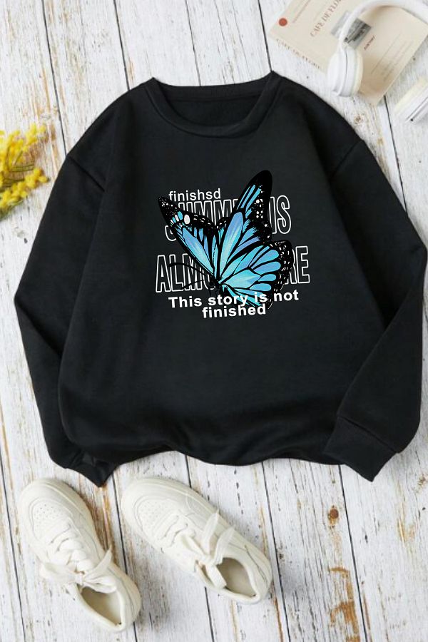 great peak est 2021 Girl s Sweatshirt Blue Butterfly Printed Kids Sweatshirt Trendyol