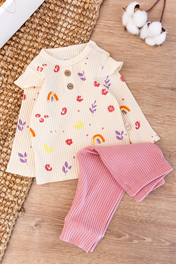 ewellce Gökkuşağı Temalı İkili Kız Bebek Pembe Pijama