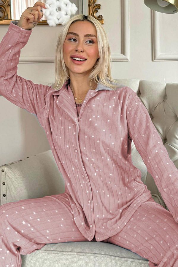 Pijamaevi-Pink Lune Patterned Front Buttoned Plush Fleece Pajama Set 1
