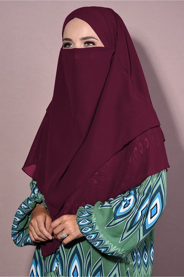 Tek Tesettür Giyim-Chiffon Souffle Khimar Medium Size Hijab Claret Red - Claret Red 1