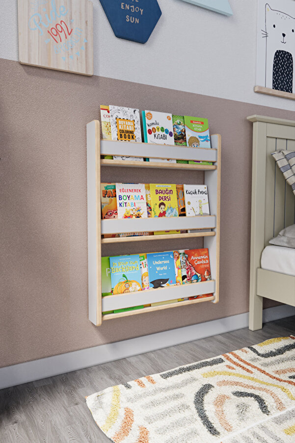 zeo wood design Montessori 3 Raflı Mdflam Çocuk Kitaplığı 80*60 Cm Beyaz