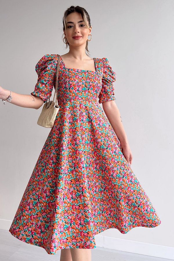 bayansepeti Women s Design Crepe Fabric Square Neck Short Sleeve Midi Length Floral Evening Dress 080 Trendyol