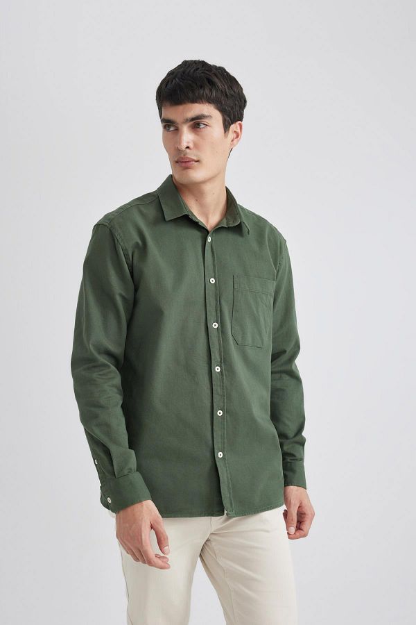 DeFacto-Polo Neck Relax Fit Gabardine Shirt - Long Sleeve C1477Ax24Sp 1