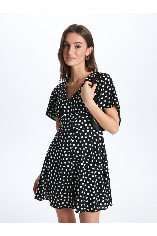 LC Waikiki-V-Neck Polka Dot Short Sleeve Linen Look Women's Dress 1