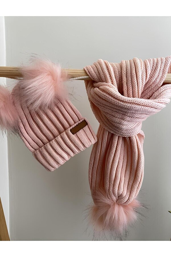 ESES BEBE Kız Bebek Pudra Ponponlu Atkı & Bere Takımı