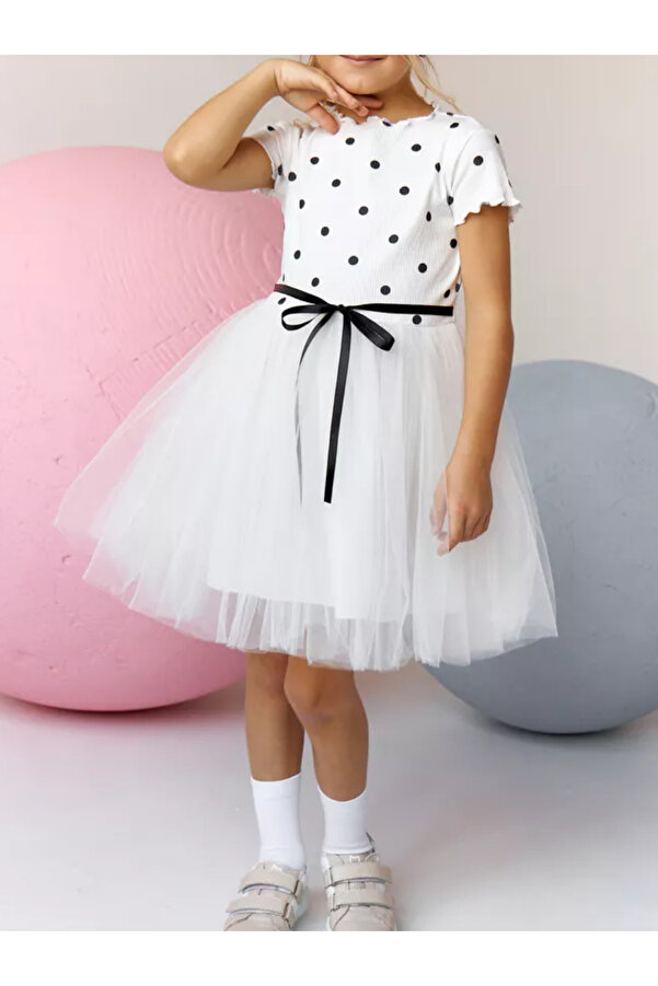 nc gift Kız Bebek Çocuk Puantiyeli 4 Mevsim Esnek Likralı Kabarık Tütü Elbise