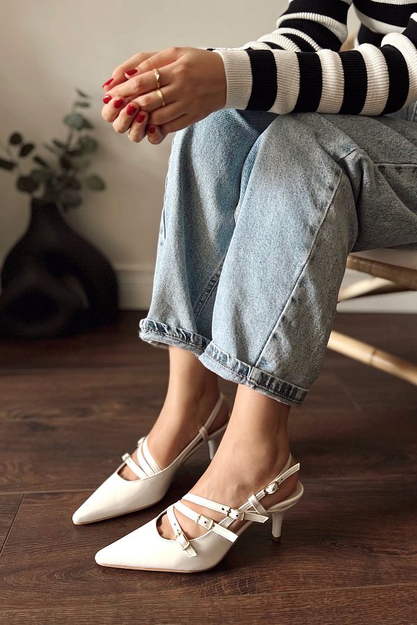 POLKA STORE-Obsession Triple Pointed Toe Three-Striped Buckle White Patent Leather Heeled Women's Shoes 1